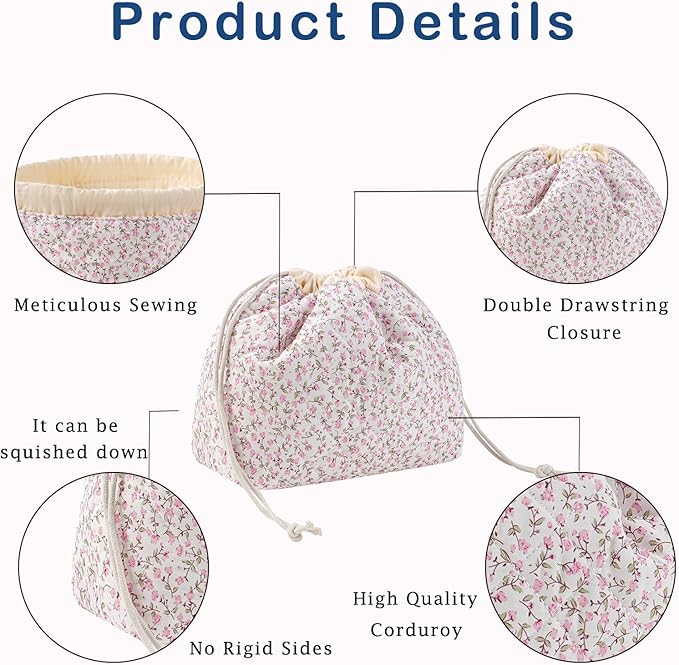 uekeboag Cotton Quilted Seersucker Makeup Bag with Canvas Lining,Coquette Aesthetic Cute Travel Toiletry Bag,Drawstring Gift Bag for Women and Girls（Pinkfloral）