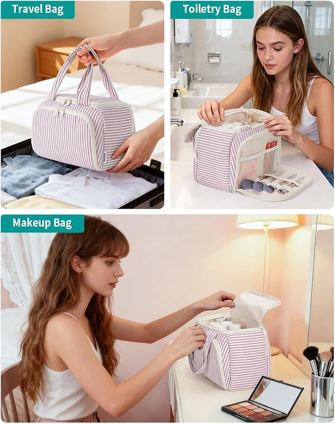 Narwey Striped Travel Toiletry Bag Large Makeup Bag for Women, Wide-open Cosmetic Make Up Organizer with Handle, Travel Bag for Toiletries, Essentials, Accessories (Dusty Pink Stripe)