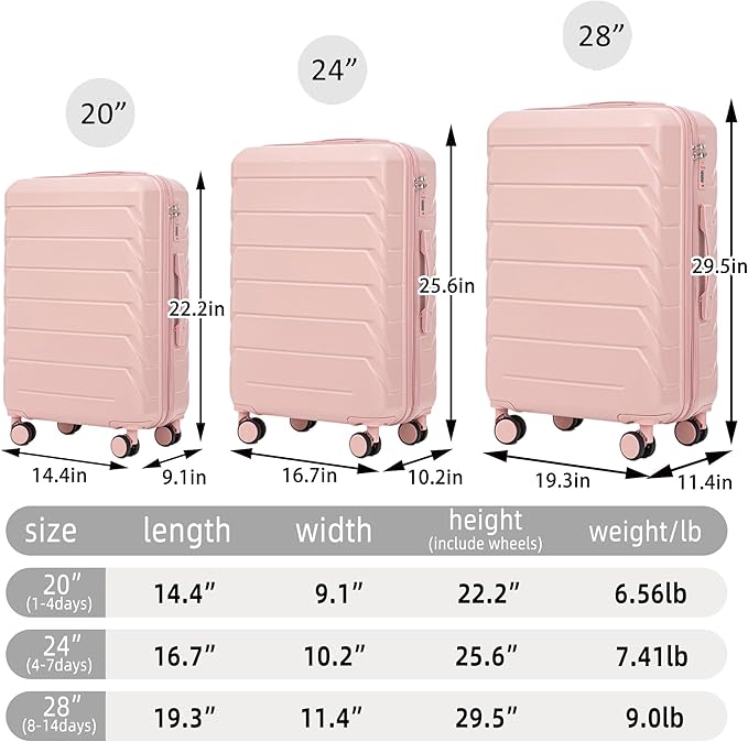 Luggage Set 3 Pcs, ABS Hard Shell Durable Lightweight, 360 Silent Spinner Wheels