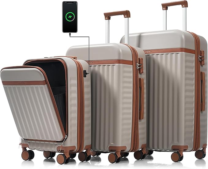 Hardshell Luggage, Lightweight Suitcase with Spinner Wheels, KHAKI+USB