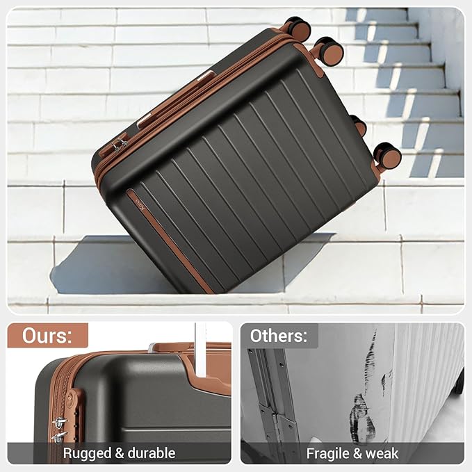 Kono Expandable 20 Inch Carry On Suitcase Airline Approved, Lightweight ABS+PC Hardshell Luggage with 360° Silent Spinner Wheels, Grey/Brown