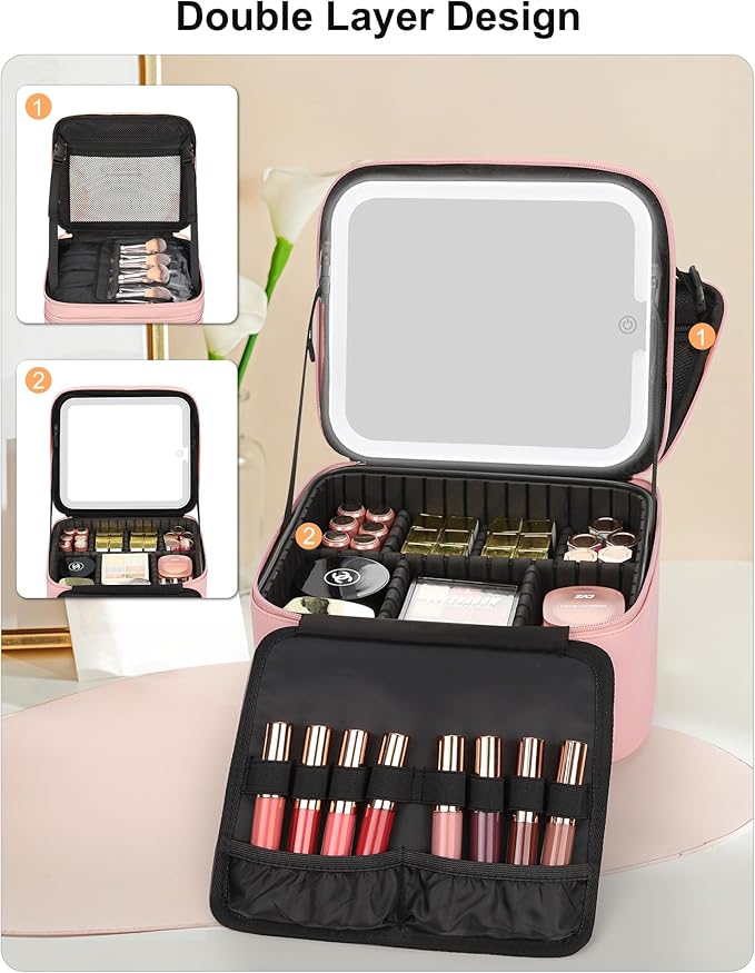 Relavel Makeup Bag with LED Mirror, Small Travel Makeup Case with Rechargeable Lighted Mirror 3 Color Lights, Double Layer Cosmetic Box Makeup Brush Lipstick Holder Organizer for Women, Pink