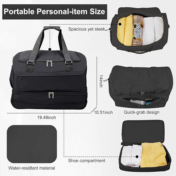 Carry On Travel Duffel Bag for Women & Men,Overnight Weekender Bag with Shoe Compartment,Trolley Sleeve and Adjustable Shoulder Strap,Business & Weekend Travel,Gym,Sports,Yoga & Dance(Black)