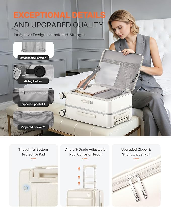 20IN Carry On Luggage,Top Opening Aluminum Frame Hardside 100% PC Airline Approved Suitcase -with TSA Lock,Cup Holder,USB Charge,Side Pothook, 360°Spinner Wheels-Milky White