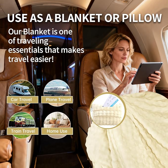 Travel Blanket and Pillow-2-in-1, Ultra-Soft&Compact, Airplane Blanket with Hand Luggage Belt and Backpack Clip,Travelers Accessories Gifts, 61x43 Inches（White）