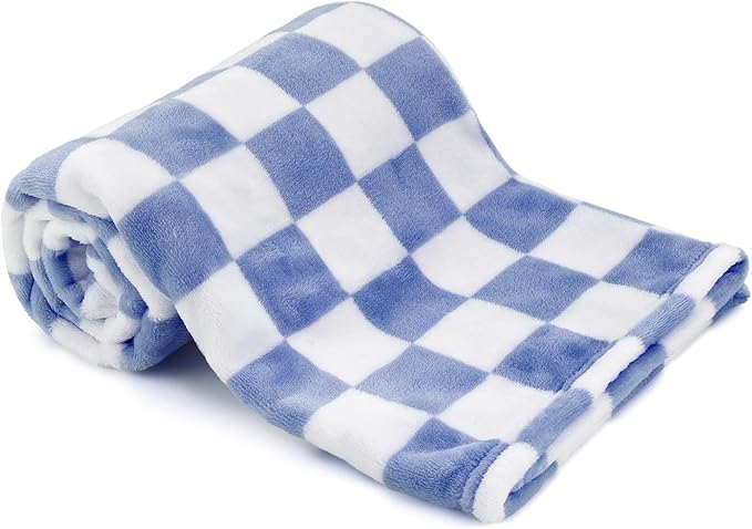 Plush Checkered Baby Blanket for Boys Girls Nursery, 30"*40" Warm Short Fleece Blanket Neutral for Infant Newborn, Small Fuzzy for Sleeping, Chenille or Stroller (Dark Blue&White)