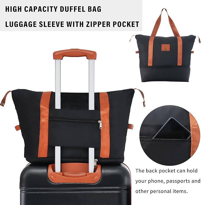 Merax Luggage Sets 2 Piece Expandable Hardside Luggage with Travel Bag Suitcase Set with Spinner Wheels(20+24+bag,Black+Brown-1)