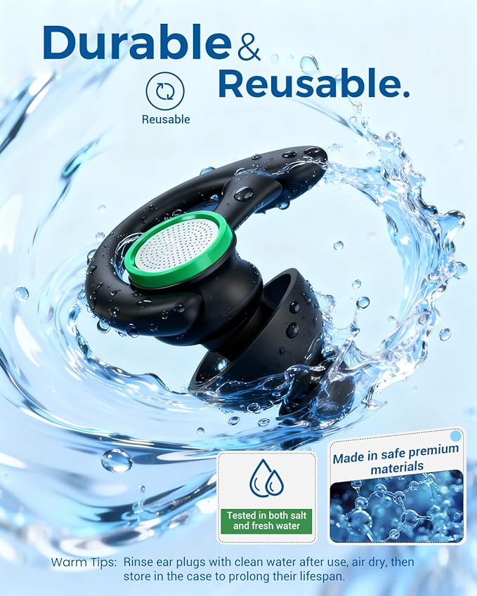 Ear Plugs for Swimming – 2 Pairs Soft Silicone Reusable Waterproof Earplugs for Adults & Men Women, Custom Fit for Swimmers Ear, Pool, Beach, Snorkeling, Surfing, Kickboard Training(Black)