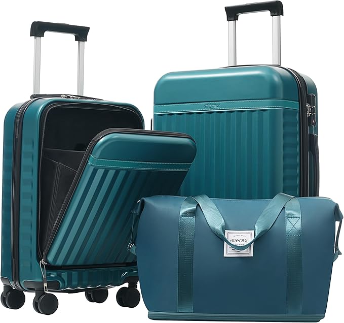 Merax Luggage Sets 3 Piece,Front Open Hardshell Expandable Suitcase with Spinner Wheels and Duffel Bags,Lightweight Carry on Luggage with USB Port,20/24IN,Dark Green