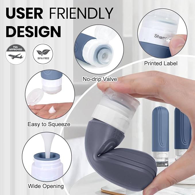 Travel Bottles for Toiletries 8 Pack, TSA Approved Travel Size Toiletries Containers Set, 4 Silicone Leak Proof Refillable Bottles and 4 Creams Jars Accessories Kit W/Clear Bag (BLUE)