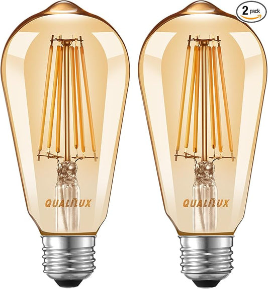 Qualilux Dusk to Dawn ST19 LED Edison Light Bulbs, Vintage Amber Glass, 2300K Amber Warm, 6.5W=60W, Non-Dimmable Auto On/Off Light Sensing LED Filament Bulb Outdoor, 700LM, E26, 2-Pack, HQ-H027