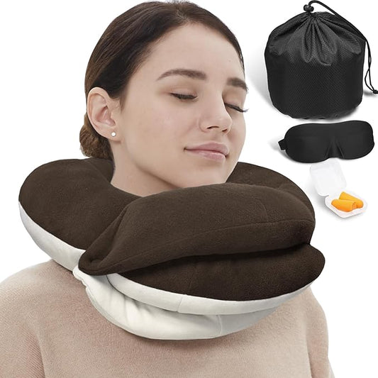 BUYUE Travel Neck Pillows for Airplanes, 360° Head Support Sleep for Long Flight, Skin-Friendly & Breathable, Kit with 3D Contoured Eye Mask, Earplugs and Storage Bag (Adult, Brown, 90+ lbs)