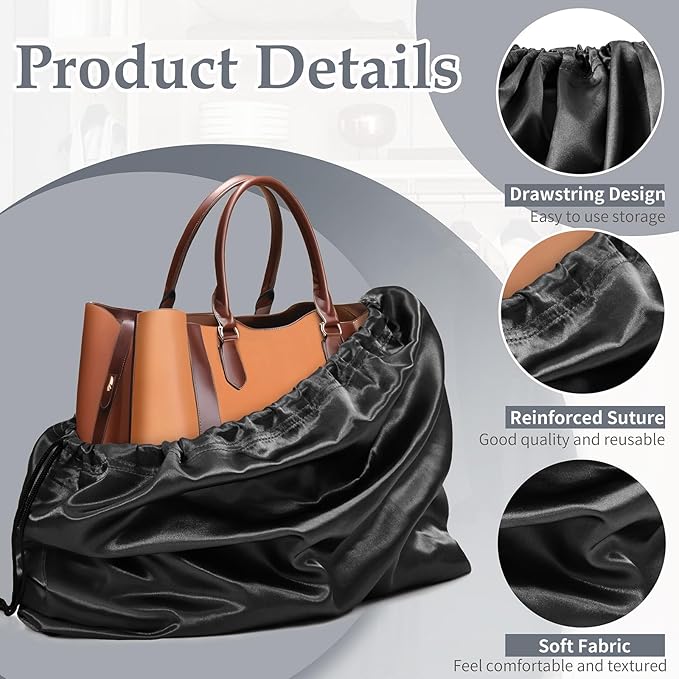 Ersmak 6 Pack Dust Bags for Handbags - Black Silk Dust Cover Bag for Purses Shoes - Satin Drawstring Dustproof Bags for Travel Storage - 23.6 x 19.7 In