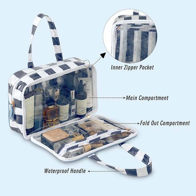 Travel Toiletry Bag for Women, Waterproof Clear Coated Portable Stripe Makeup Cosmetic Bag with Compartment, Travel Organizer for Shampoo, Conditioner, Brushes Set,Cosmetic Accessories(White-Navy)