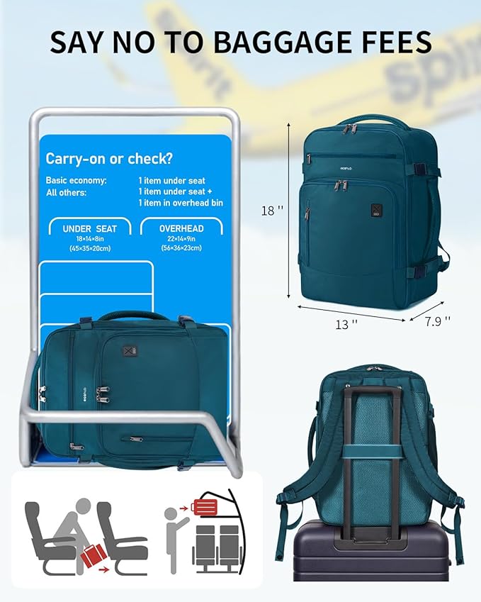 ECOHUB Travel Backpack for Women, 18x14x8 Spirit Airlines Personal Item Bag with Clear Toiletry Bag, Laptop Carry on Backpack with USB Port, Airline Approved Under Seat 14 Pockets, Blue Green