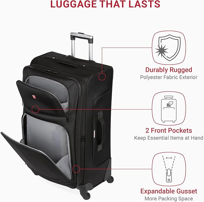 SWISSGEAR Sion Softside Expandable Spinner Luggage Durable Lightweight Travel Suitcase, Black, 3-Piece Set (21/25/29)