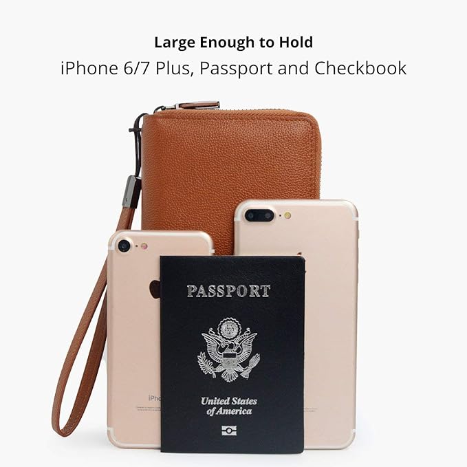Bveyzi Women RFID Blocking Wallet Leather Zip Around Phone Clutch Large Capacity Ladies Travel Purse Wristlet | RFID Blocking, Zip Around, Large Capacity