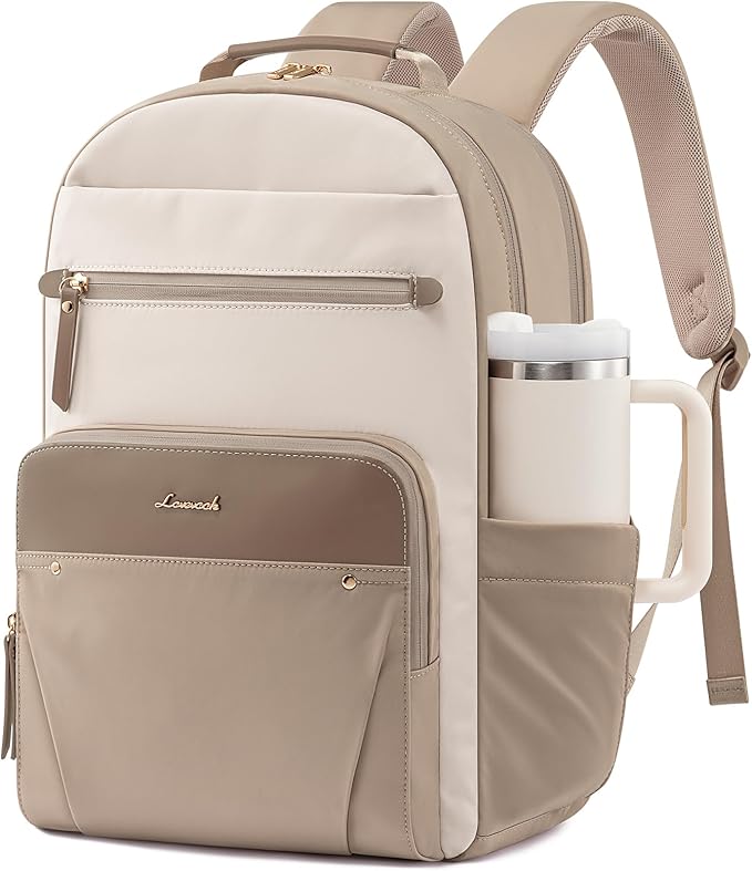 LOVEVOOK Laptop Backpack for Women with Leather Trim & Tumbler Pockets, 17.3" Work Backpack Purse, Travel Personal Item Bag, Carry On Business Computer Bag for Office, School, or Gift, Soft Taupe