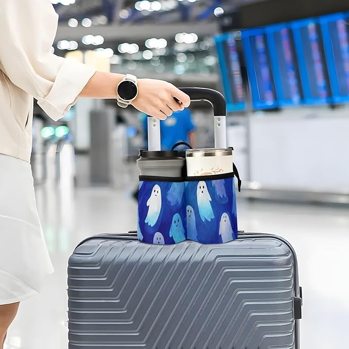 Luggage Cup Holder for Suitcases Free Hands Travel Cup Holder Portable Suitcase Cup Drink Holder Luggage Cup Caddy Bag Carrier Watercolor Halloween Ghost Blue