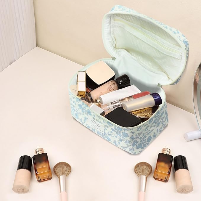 Large Makeup Bag, Cute Cosmetic Bag for Women Girls, Floral Coquette Aesthetic Toiletry Bag, Travel Make Up Organizer Bag ((White Butterfly Flower))