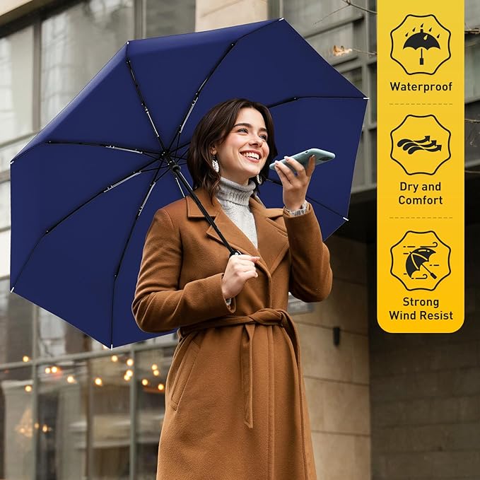 Windproof Travel Umbrella, Compact Umbrella, Car Umbrellas for Rain & Sun, 8 Fiberglass Ribs for Strong UV & Wind Resistance, Portable, Lightweight, Vent, Easy Automatic Open/Close