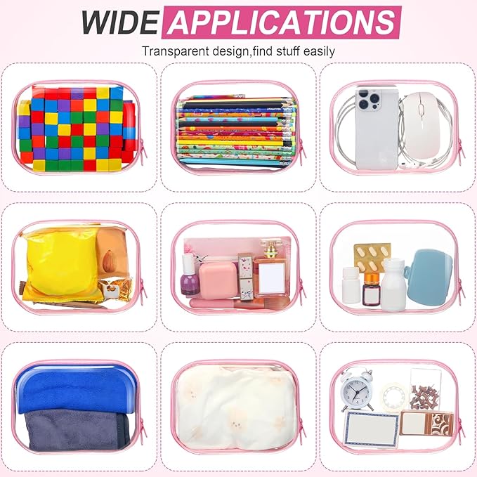 Sanwuta 6 Pcs Clear Hard Zipper Case Plastic Zipper Pouches Transparent Makeup Bag Pencil Case Pouches Toiletry Diaper Bag for Travel Toy Storage Organizer Bins(Pink,7.87 x 5.9 x 2 Inch)
