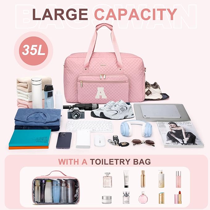 Initial Travel Duffle Bags for Women - Personalized Weekender Bag with Shoe Compartment Overnight Bags with Toiletry Bag Hospital Bag for Women Birthday Gifts for Mom Wife Friends Pink (Letter A)