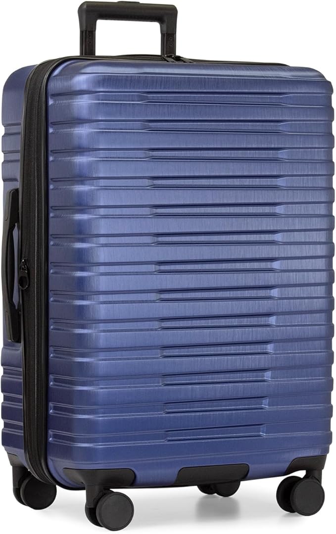 U.S. Traveler Boren Expandable Hardside Rugged Travel Luggage with 8 Spinner Wheels, Navy, Checked-Medium 26-Inch