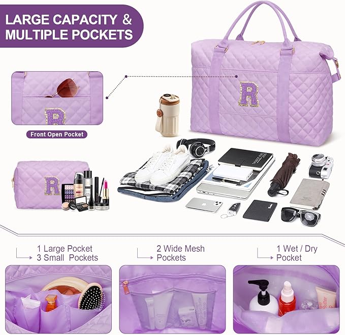 Gifts for Teen Girl, Initial Travel Duffle Bag, Personalized Women Weekender Overnight Bags, Gift for Daughter Kid Mom Friend College Girl Graduation Teacher（Purple,R)