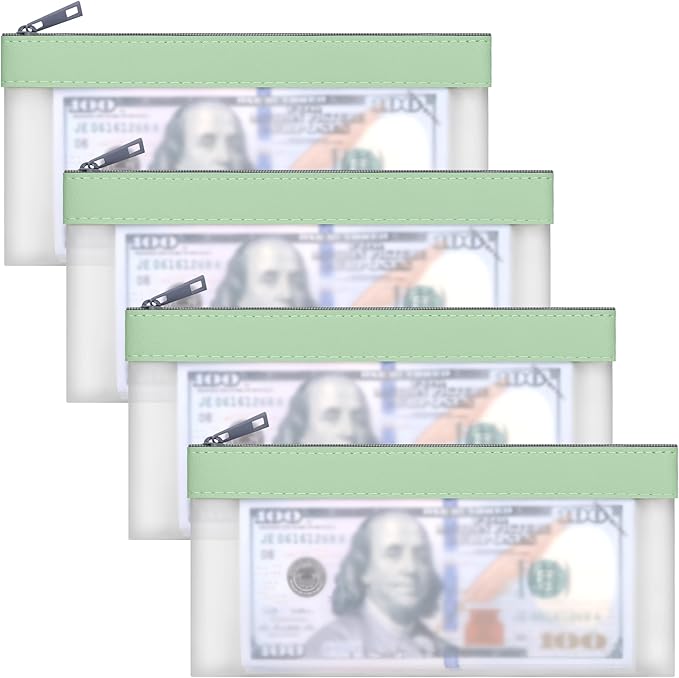 4 Pieces Money Bags With Zipper, Cash Envelopes,7.6 x 3.7 inch Money Pouch, Clear Bank Deposit Bags, Bank Bag, Cash Bag, Money Pouch for Collectors, Multi-Purpose Check Wallet （Green）