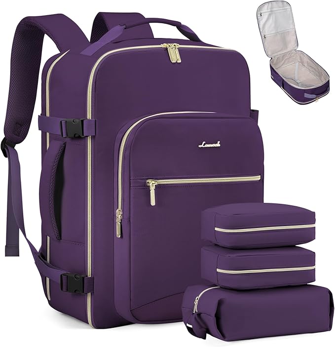 LOVEVOOK Travel Backpack for Women & Men 50L,Airline Approved Carry On Backpack Travel Essentials,TSA Carry on Luggage,Waterproof Personal Item Travel Bag,Suitcase with 3 Packing Cubes,Dark purple