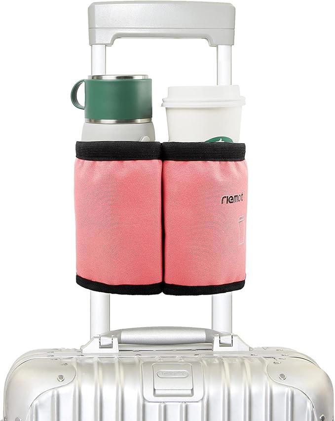 riemot Luggage Travel Cup Holder Free Hand Drink Carrier - Hold Two Coffee Mugs No Spill - Fits Roll on Suitcase Handles - Gifts for Flight Attendants Travelers Accessories Pink