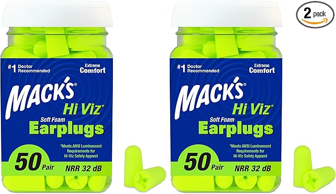 Mack’s Hi Viz Soft Foam Earplugs, 50 Pair – Most Visible Color, Easy Compliance Checks, 32dB High NRR – Comfortable, Safe Ear Plugs for Shop Work, Industrial Use, Motor Sports and Shooting (Pack of 2)