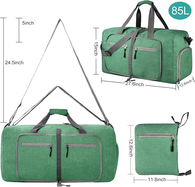 Dimayar 65L Travel Duffle Bag for Men Women - Foldable Duffel Bag with Shoes Compartment - Overnight Bags Waterproof & Tear Resistant(Forest Green)