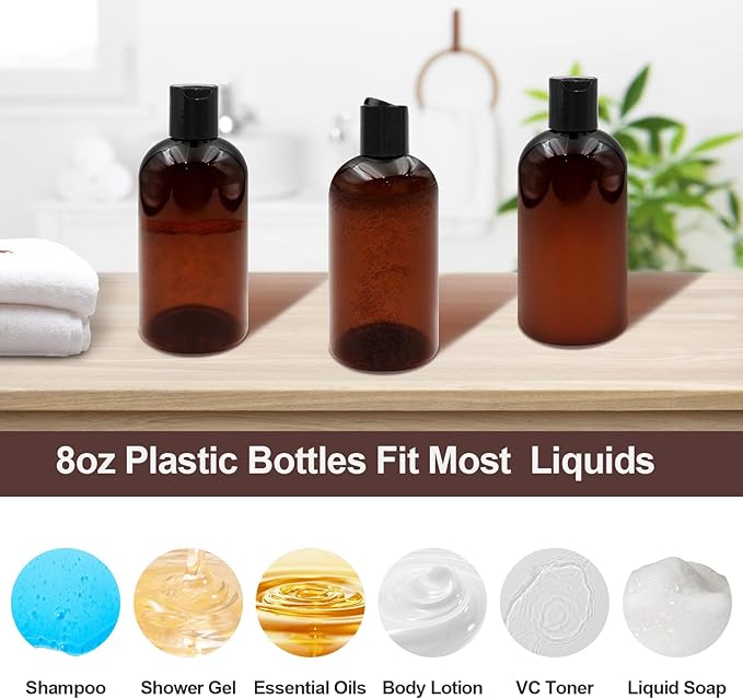 2 Pack 8 oz Amber Plastic Shampoo Bottles with Black Disc Caps Refillable Leak-Proof Travel Squeeze Containers for Conditioner Toiletries Liquid Soap Lotion Essential Oils