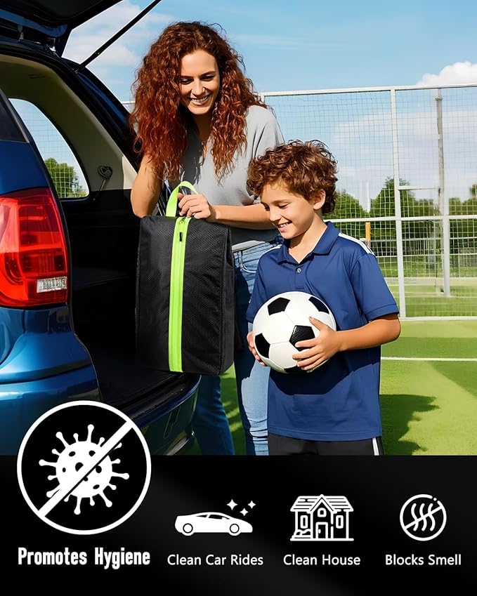 Smell Proof Shoe Bags for Travel-Soccer Cleat Bag Smell Proof with Active Carbon Fabric | Odor-Absorbing Water-Resistant Track Shoe bags for Sports (Black with Green, UP TO US11)