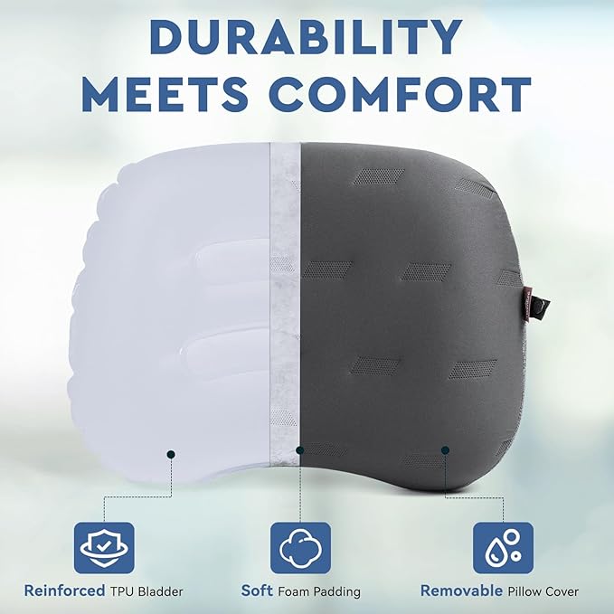 Hikenture Camping Pillow Ultralight, Inflatable Pillows with Removable Cover, Compact Portable Backpacking Pillow, Ergonomic Blow Up Camp Pillows, Washable Air Pillow for Hiking, Beach, Travel (Grey)