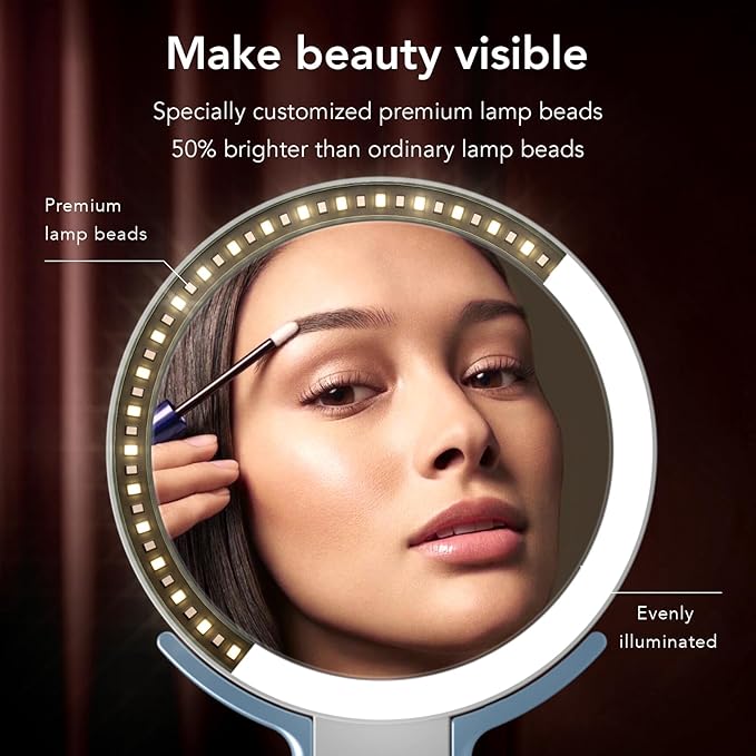LitBear Travel Makeup Mirror with Lights, Rechargeable Double-Sided 10X/1X Magnifying Mirror, Portable Lighted Beauty Mirrors, 3 Color Lighting, Dimmable Touch Screen, Tabletop Handhold Hanging (Blue)
