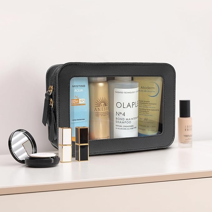 LETGO Clear Makeup Bags, TSA Approved Toiletry Bag with Zipper, Clear Makeup Organizer Fit Carry-on Travel Car Accessories Essentials,Portable Travel Small Pouch for Women Men (Black)