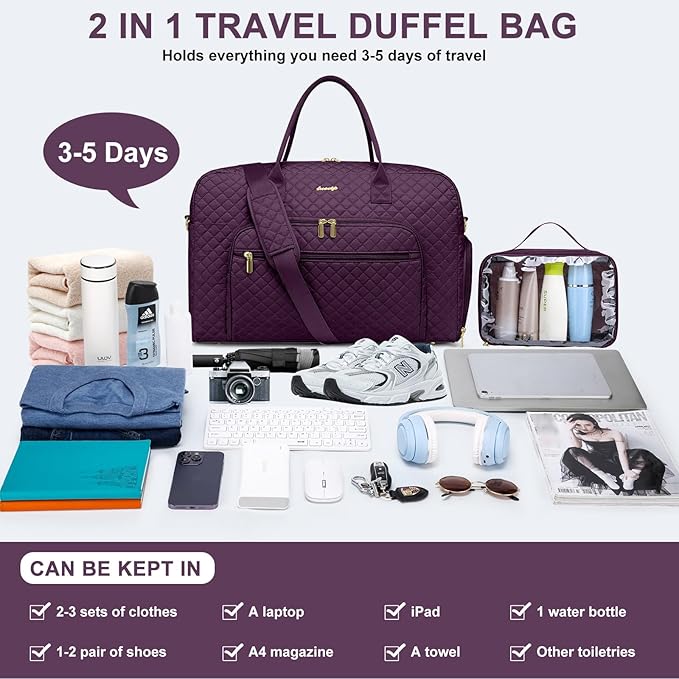 Travel Duffle Weekender Bags for Women - Weekend Bag Women with Shoe Compartment Carry On Overnight Bag with Toiletry Bag Duffel Bags Wet Pocket for Gym Hospital Bags for Labor and Delivery