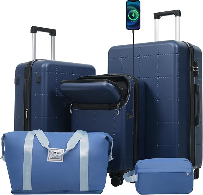 Merax Luggage Sets 5 Piece, Hardside 20" Half-opening Carry On Suitcase Set with USB Port,Lightweight Travel 24" 28" Luggage with Bags TSA Locks Double Spinner Wheels,Blue