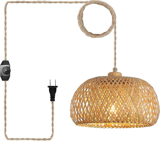 Bamboo Plug in Pendant Light with 14ft Handmade Woven Light Cord, Dimmable Switch, Boho Basket Hanging Lamp for Bedroom Kitchen Island Decor Farmhouse Living Room