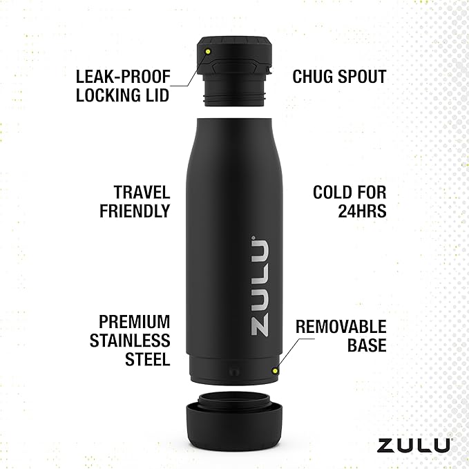 ZULU Ace Vacuum Insulated Stainless Steel Water Bottle with Chug Spout, Leak-Proof Locking Lid and Removable Base for School, Backpack, Sports, Gym, Travel
