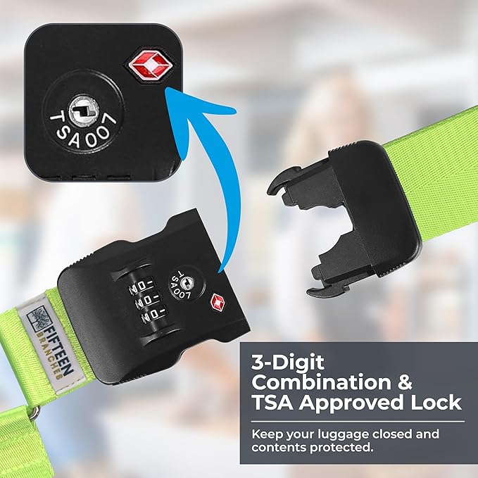 Nylon Luggage Straps for Suitcases | TSA Approved Adjustable Strap w/ 3-Digit Combo Lock | Heavy Duty Belt for 20-32 Inch Suitcases | Travel Luggage Belt Strap for Easy Identification (Neon Green)
