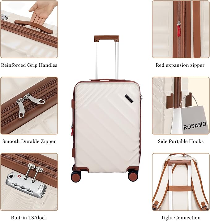 3 piece Luggage Set Expandable Suitcase 22x14x9 Airline Approved Carry on, ABS Hard Case Suitcases with Spinner Wheels,TSA Lock, (Beige, 3 Piece Sets(20/BP/TB))