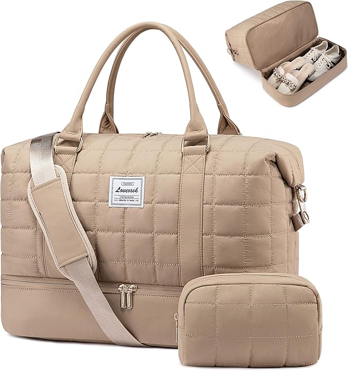 LOVEVOOK Large Duffle Bag for Travel, Puffer Weekend Bags for Women Travel Tote, Carry on Duffel Bag for Airplanes, 18 Inch Personal Item Bag Gym Bag Women, Coffee