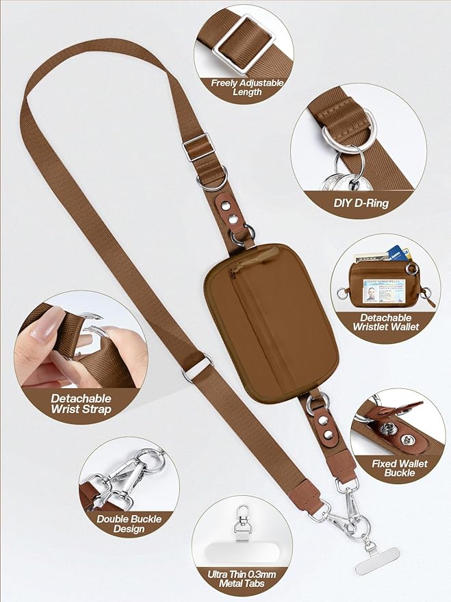 Tiostep Clip and Go Strap for Phone with Wallet Crossbody Phone Lanyard Adjustable and Detachable RFID Wristlet Wallet with ID Window and Zipper, Brown