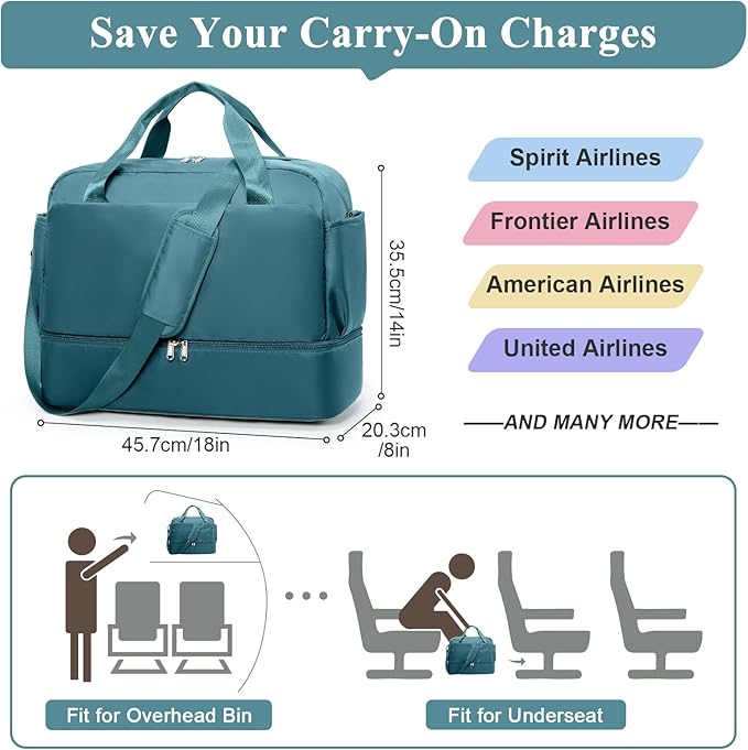 Travel Duffel Bags for Women, Carry-on Overnight Weekender Bag with Wet Pocket & Toiletry Bag, For Spirit Airlines 18x14x8 Personal Item Bag