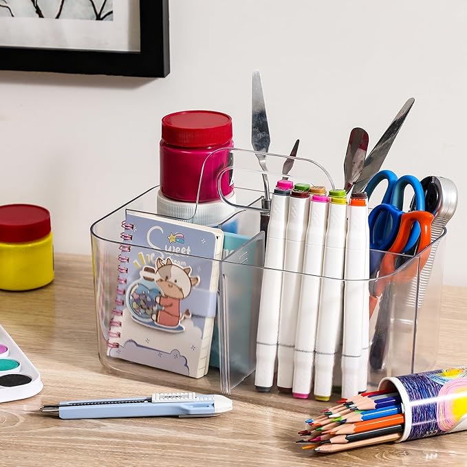 Multiuse Caddy Organizer with Handle, Portable Divided Plastic Tote Bin - Art Craft, Stationary Pen Marker Crayons, Makeup Hair Supplies Storage - Bathroom, Classroom, Dorm, Office, Desk Holder -Clear