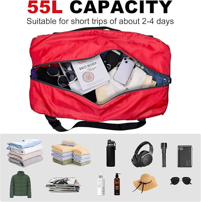 HOLYLUCK Foldable Travel Duffel Bag For Women & Men Luggage Great for Gym -55L, Red